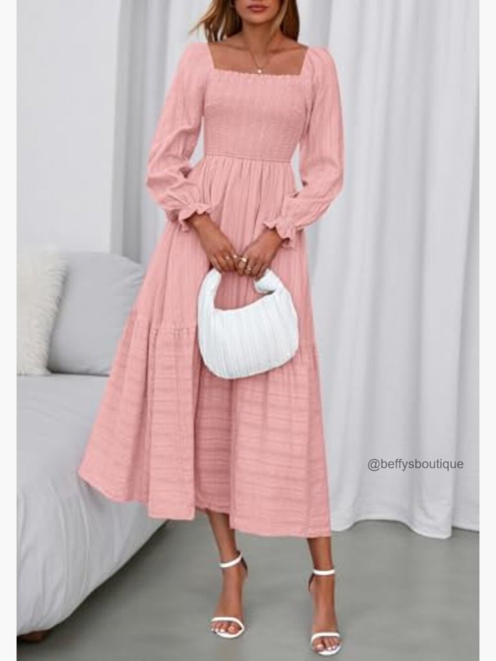 Square Neck Smocked Maxi Dress Long Sleeve Boho A-Line with Pockets - Picture 3 of 7